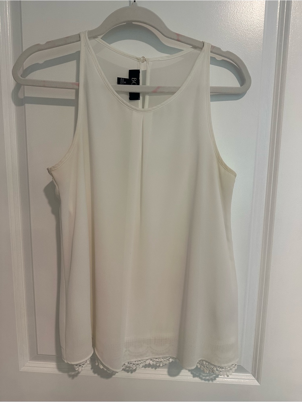 BCBG White Chiffon with Lace-Hem Tank Top